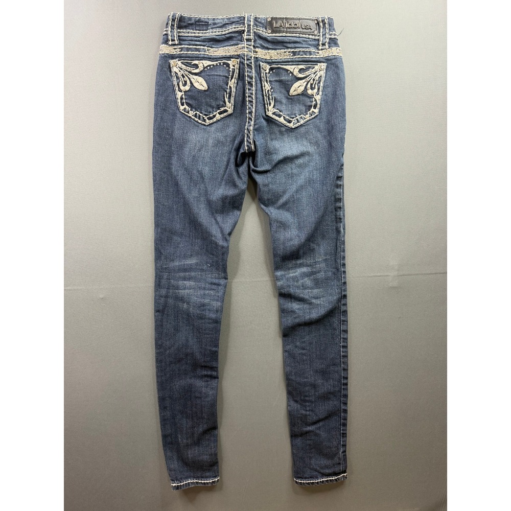 LA Idol USA Skinny Jeans Womens Blue‎ Rhinestone Embroidered Dark Wash 26x31